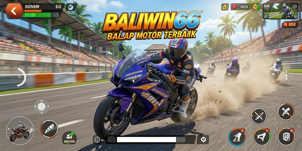 Screenshot gameplay BALIWIN66 menampilkan balapan motor yang mendebarkan.