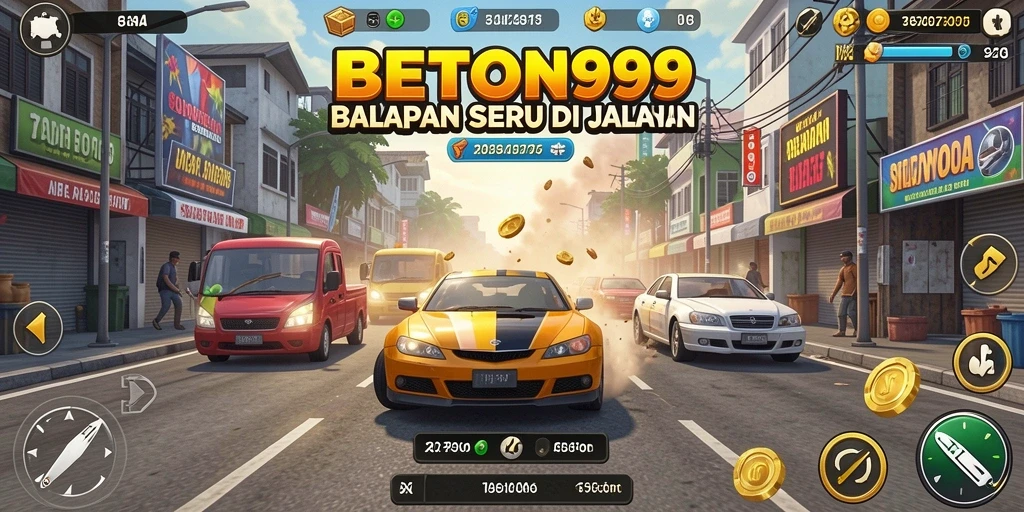 Screenshot gameplay BETON999 dengan mobil balap yang melaju kencang.
