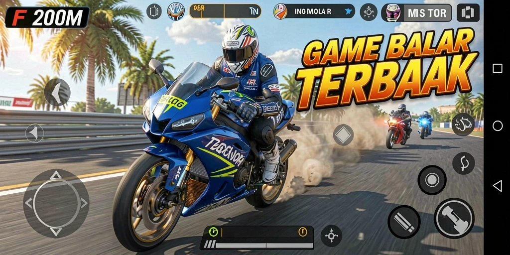 Gameplay mendebarkan balap motor di F200M dengan grafis luar biasa.