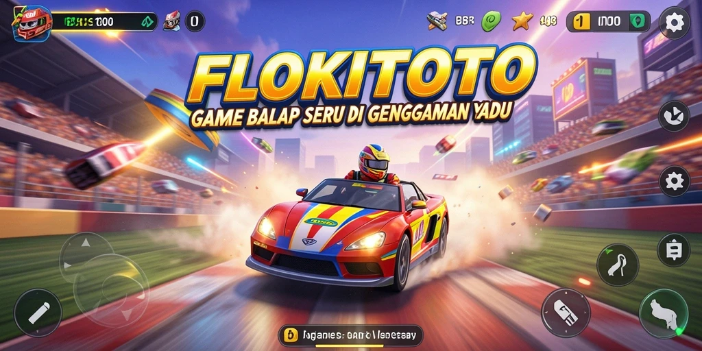 Tangkapan layar gameplay dari FLOKITOTO, menampilkan balapan yang mendebarkan.