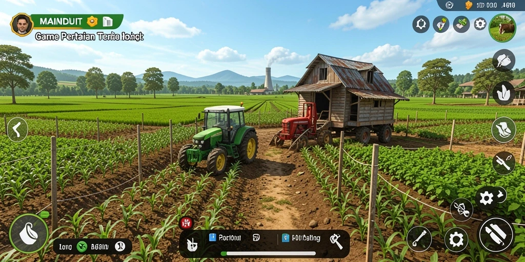 Screenshot gameplay dari MAINDUIT, menunjukkan suasana bertani yang ceria.