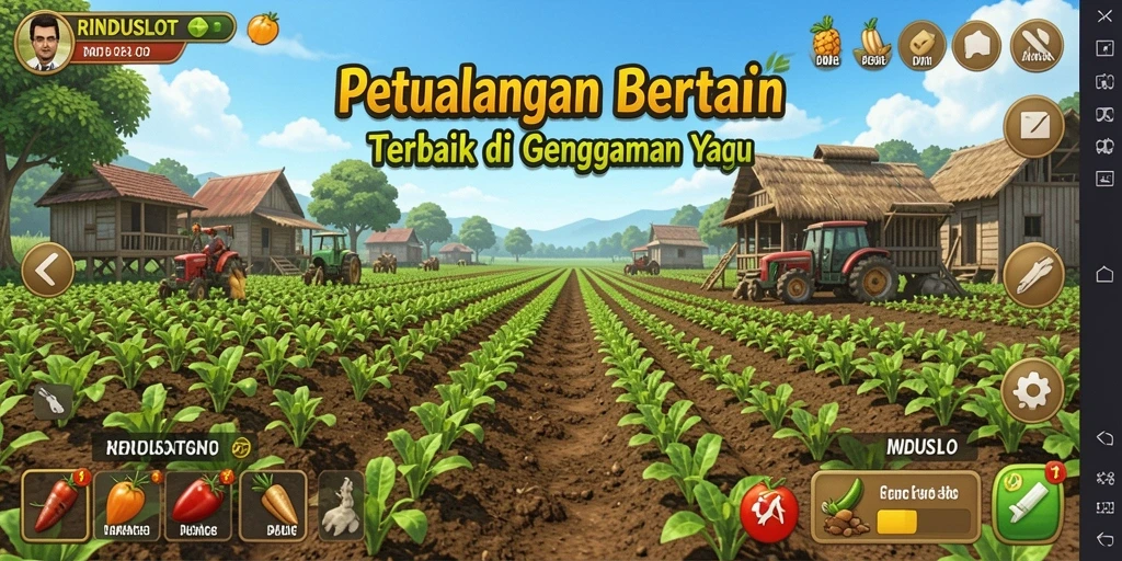 Tampilan gameplay RINDUSLOT dengan ladang yang hijau dan hewan yang lucu.