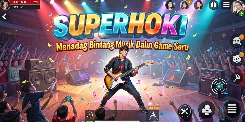 Tampilan gameplay SUPERHOKI dengan tantangan musik yang seru.